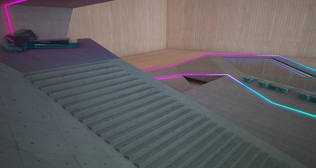 Abstract architectural concrete wood and glass interior of a modern villa with colored neon