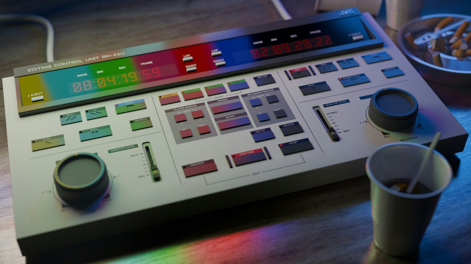 Vintage video editing console with colorful buttons and knobs