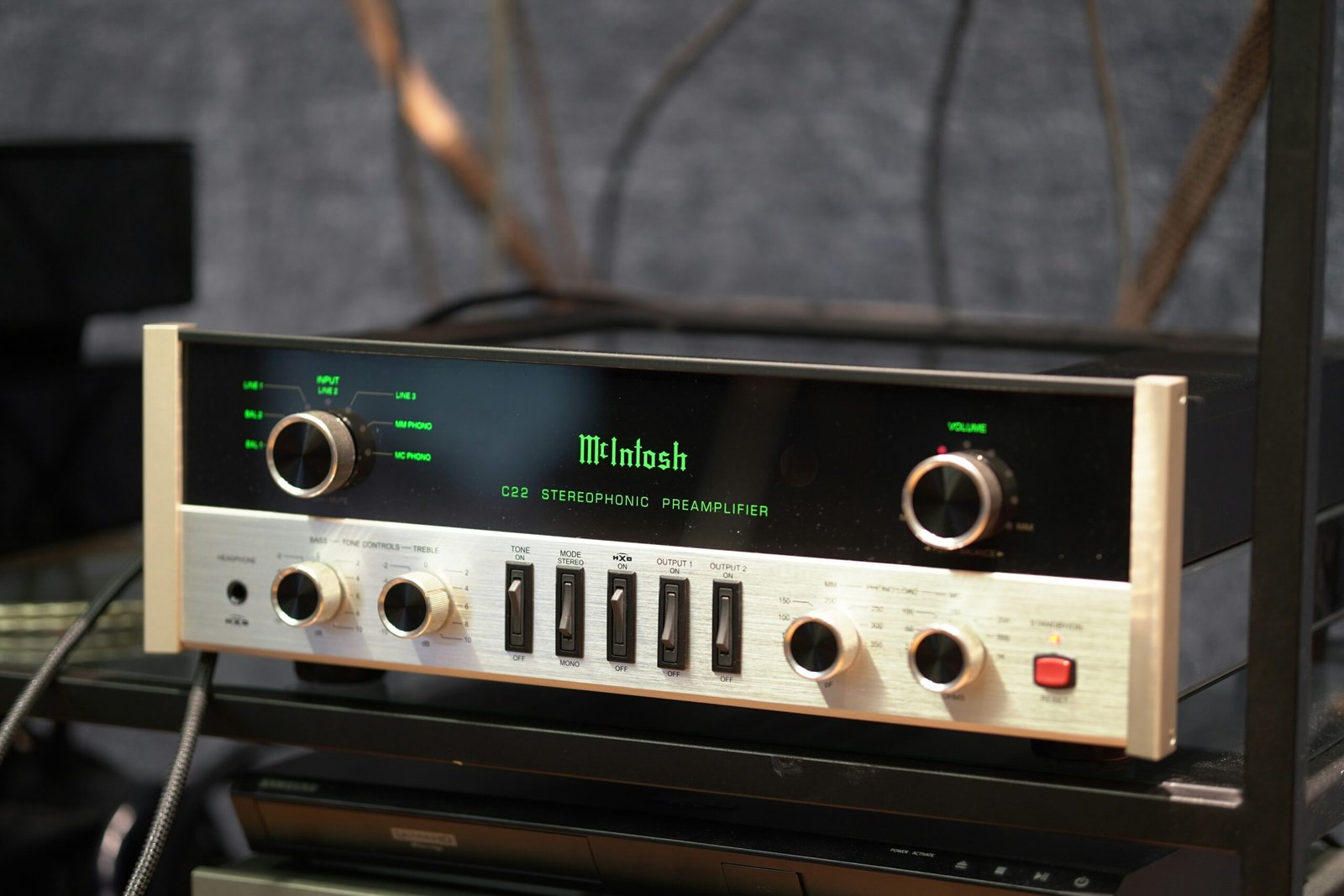 Mcintosh stereo preamplifier with glowing green lights