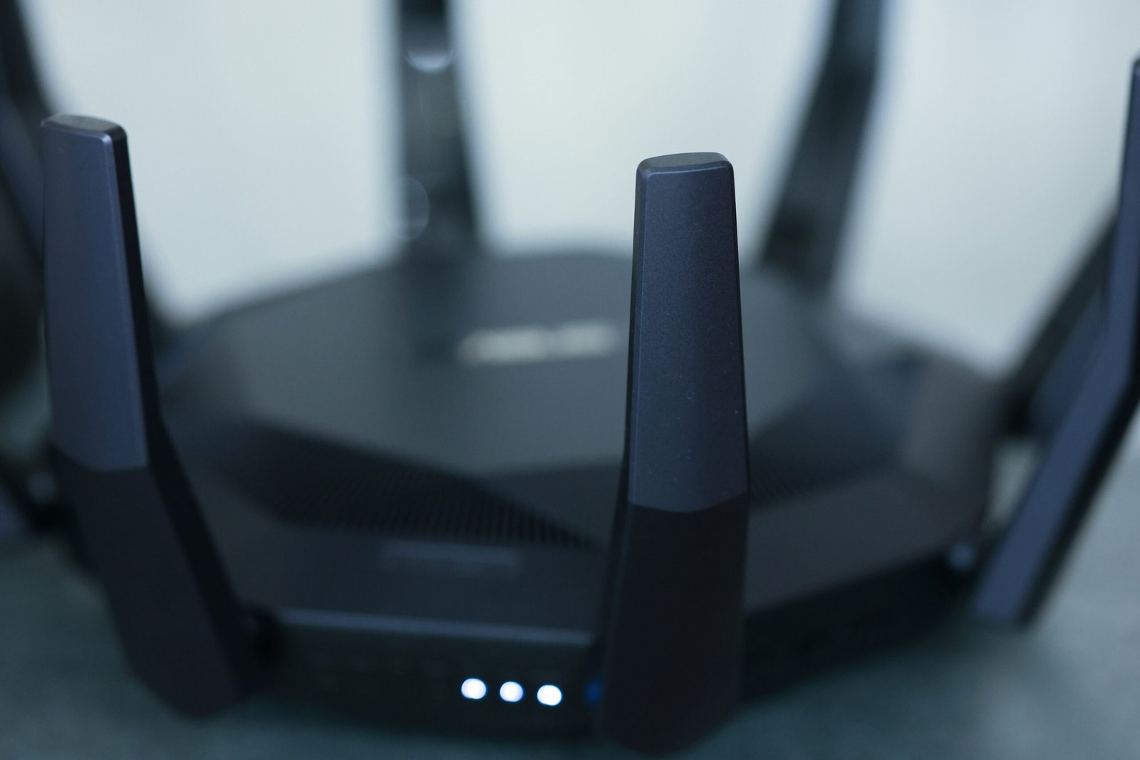 A close-up of a wireless router.
