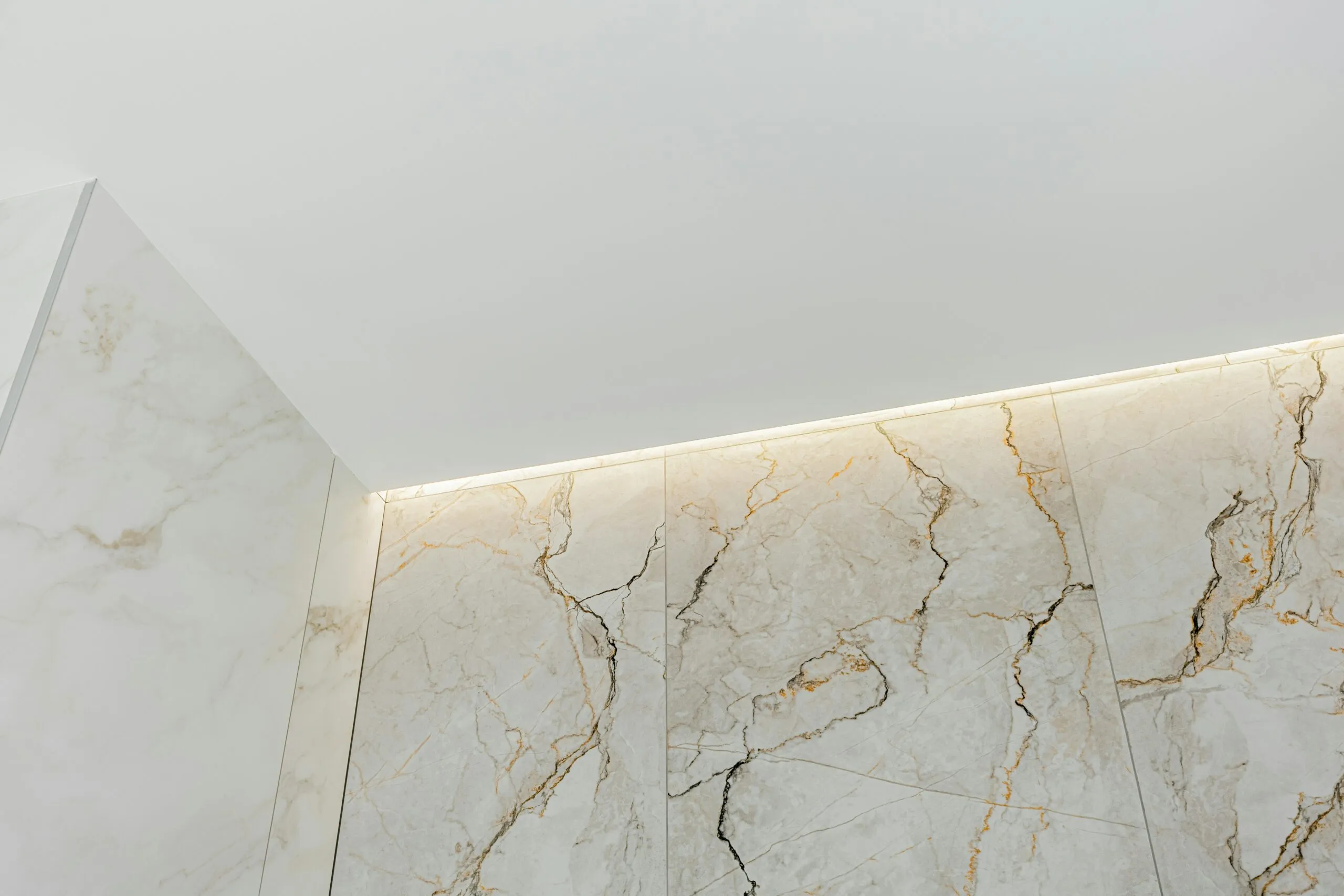 Modern bathroom corner with marble walls and ceiling light.