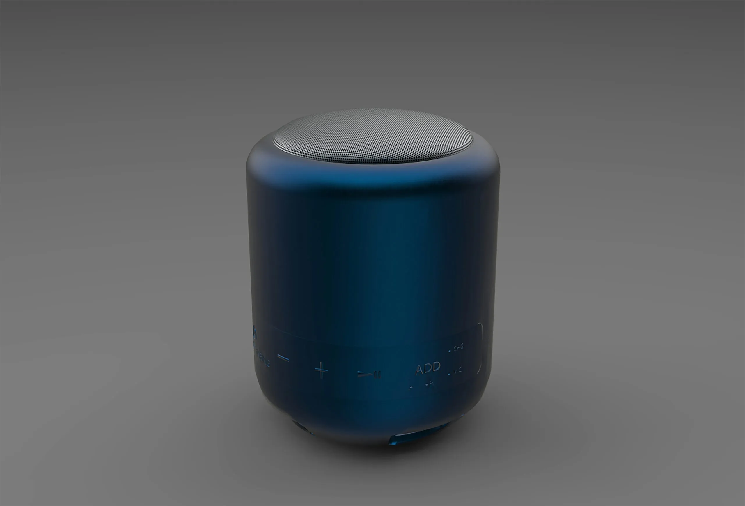 a blue and white speaker sitting on top of a table