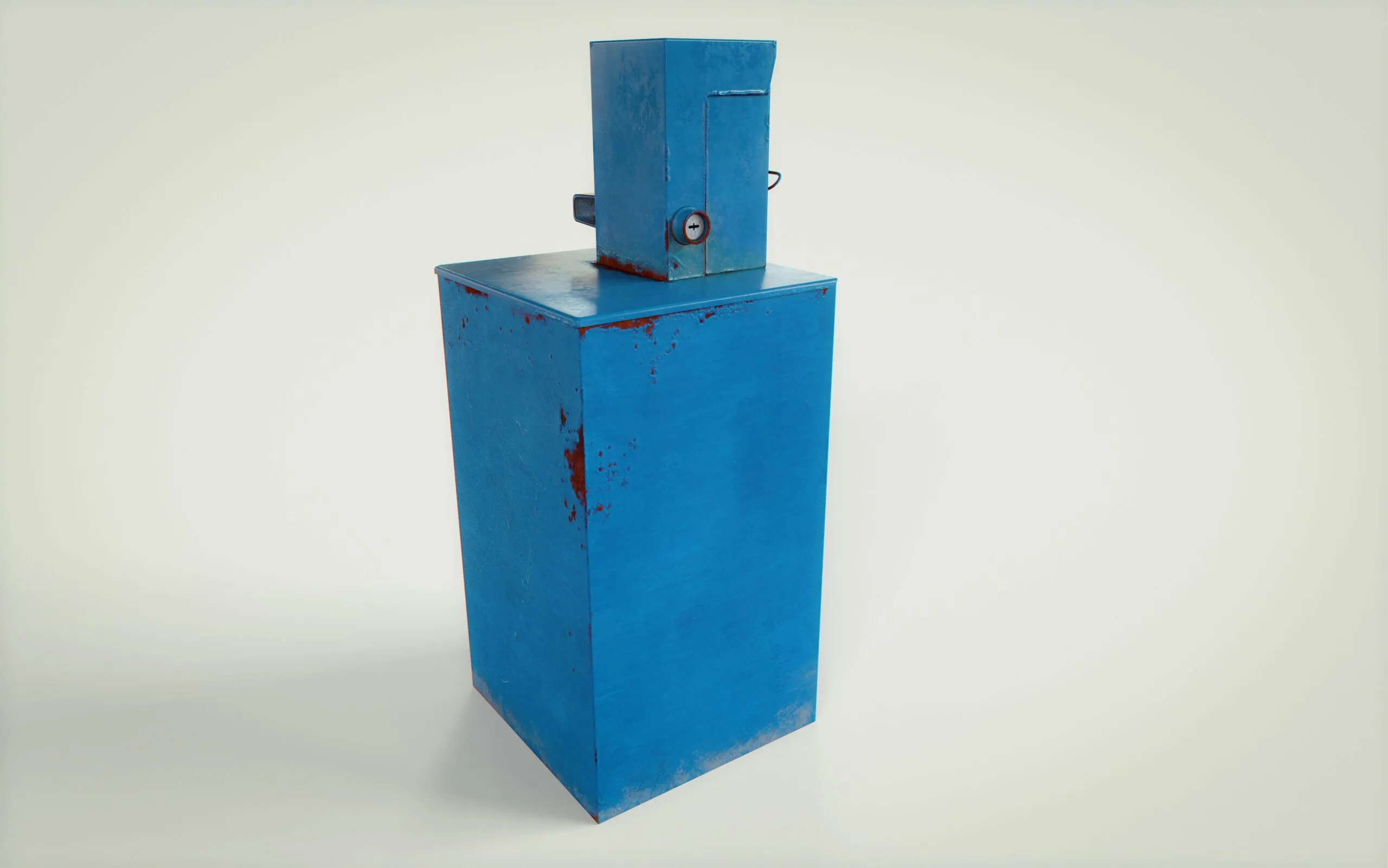A blue box sitting on top of a white floor