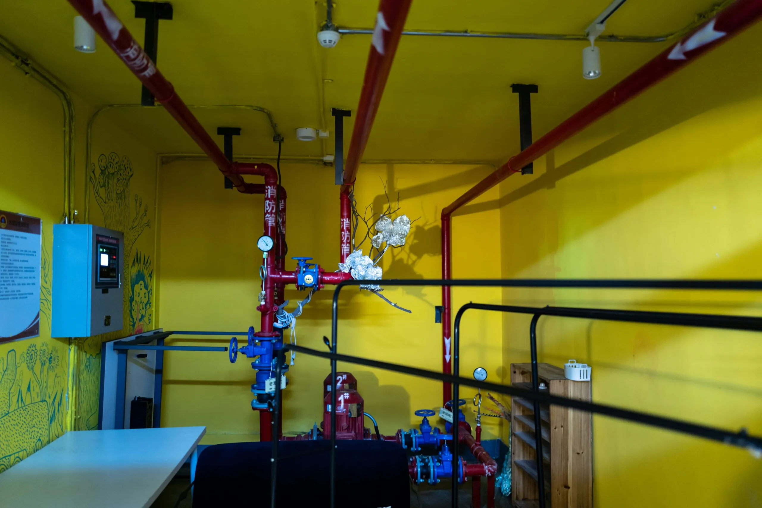 a room with yellow walls and red pipes