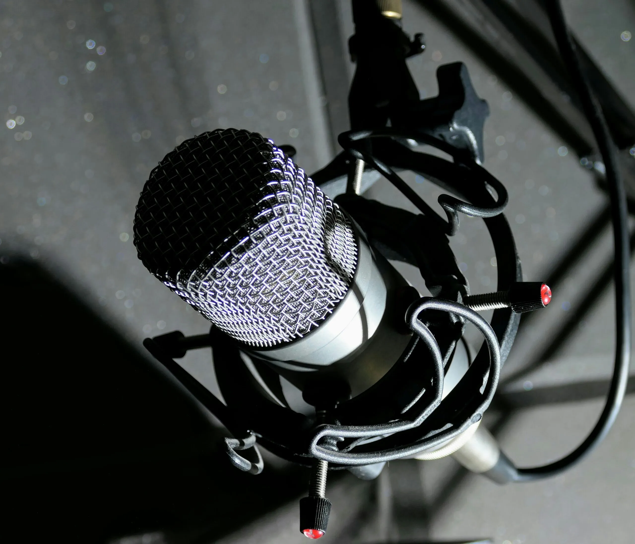 black and gray microphone on black and white textile