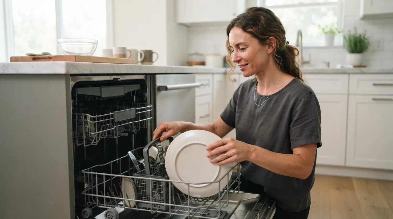 a person loading a dishwasher in a modern kitchen