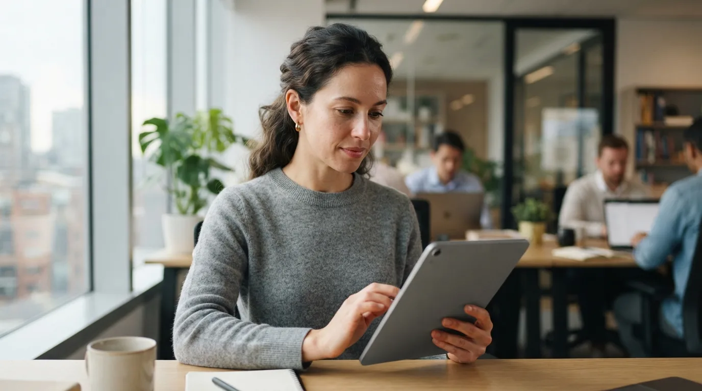 a person using a tablet or smartphone in a modern office