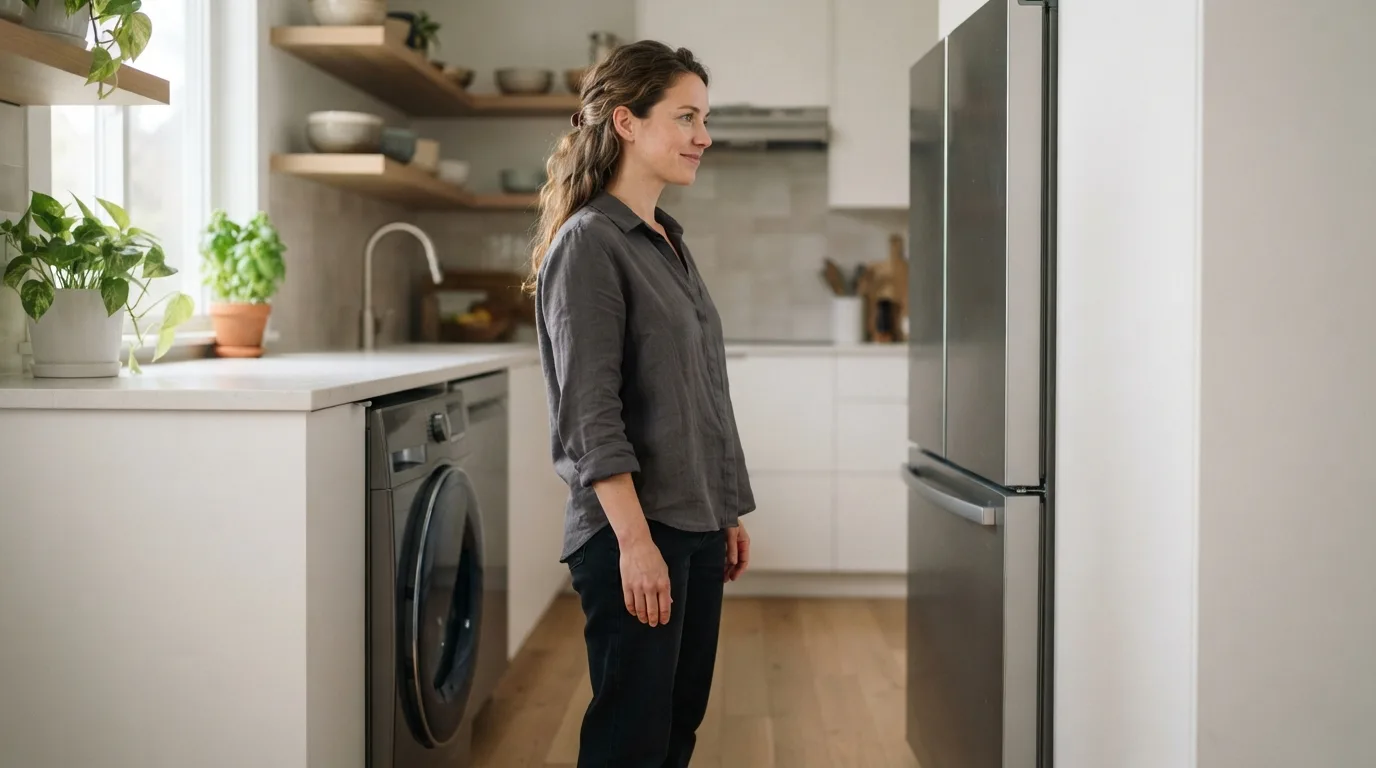 a person in a kitchen looking at a modern refrigerator and washing machine