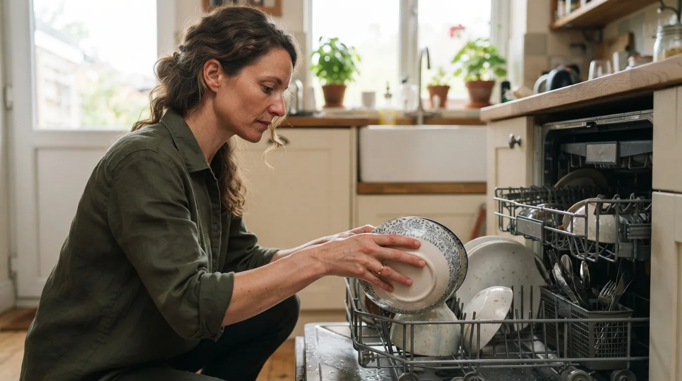 a person loading dishes into an open dishwasher