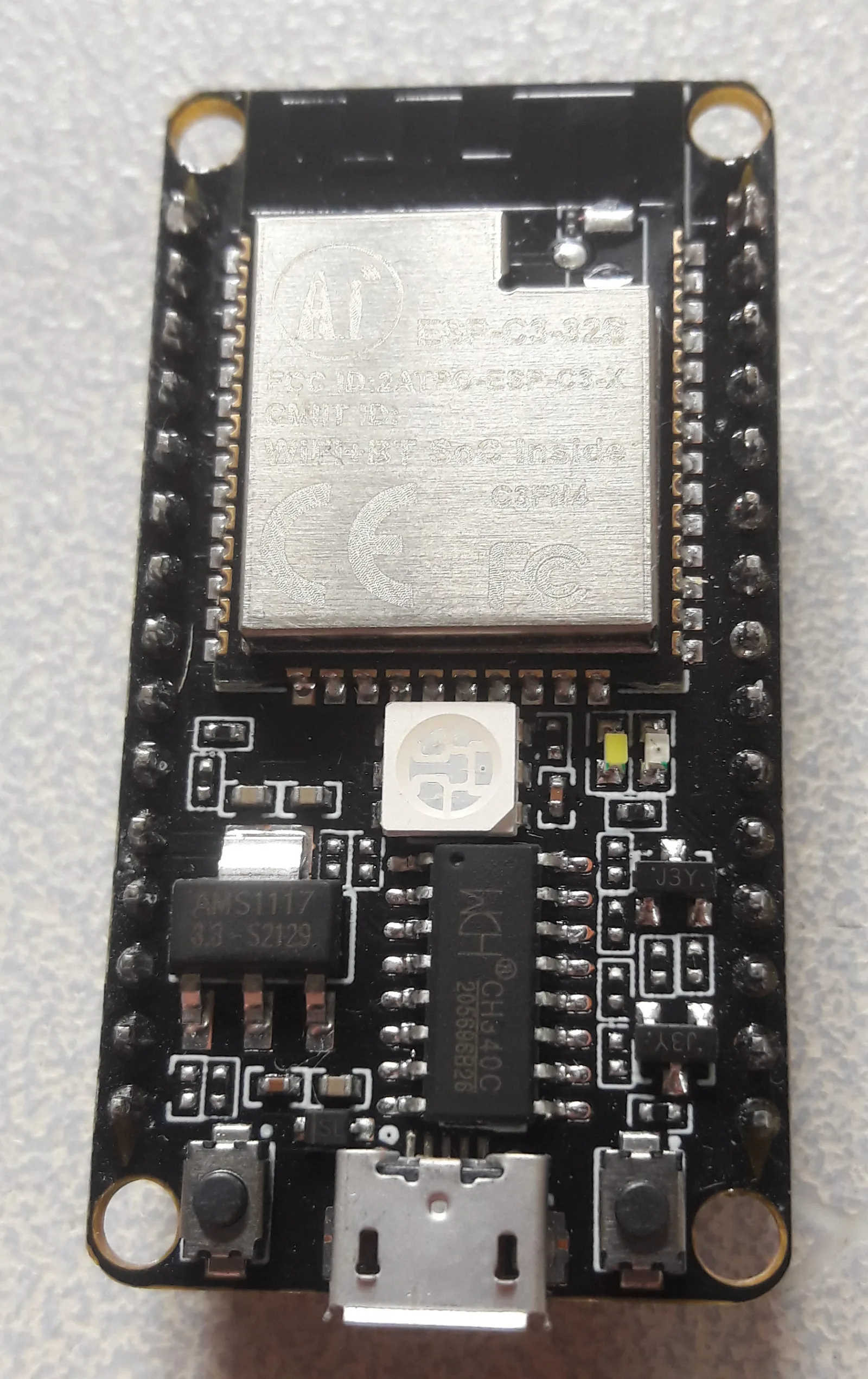 A RISC-V RV32 microcontroller based ESP32-C3-32S SoC on a board with a CH340, USB to Serial communication. This 3€ board can be programmed using, among other Arduino IDE and support several systems. The SoC allow WiFI and BlueTooth LTE connectivity. Antenna is at top of the board; This kind of processor is also well fitted to make audio synthesizers.