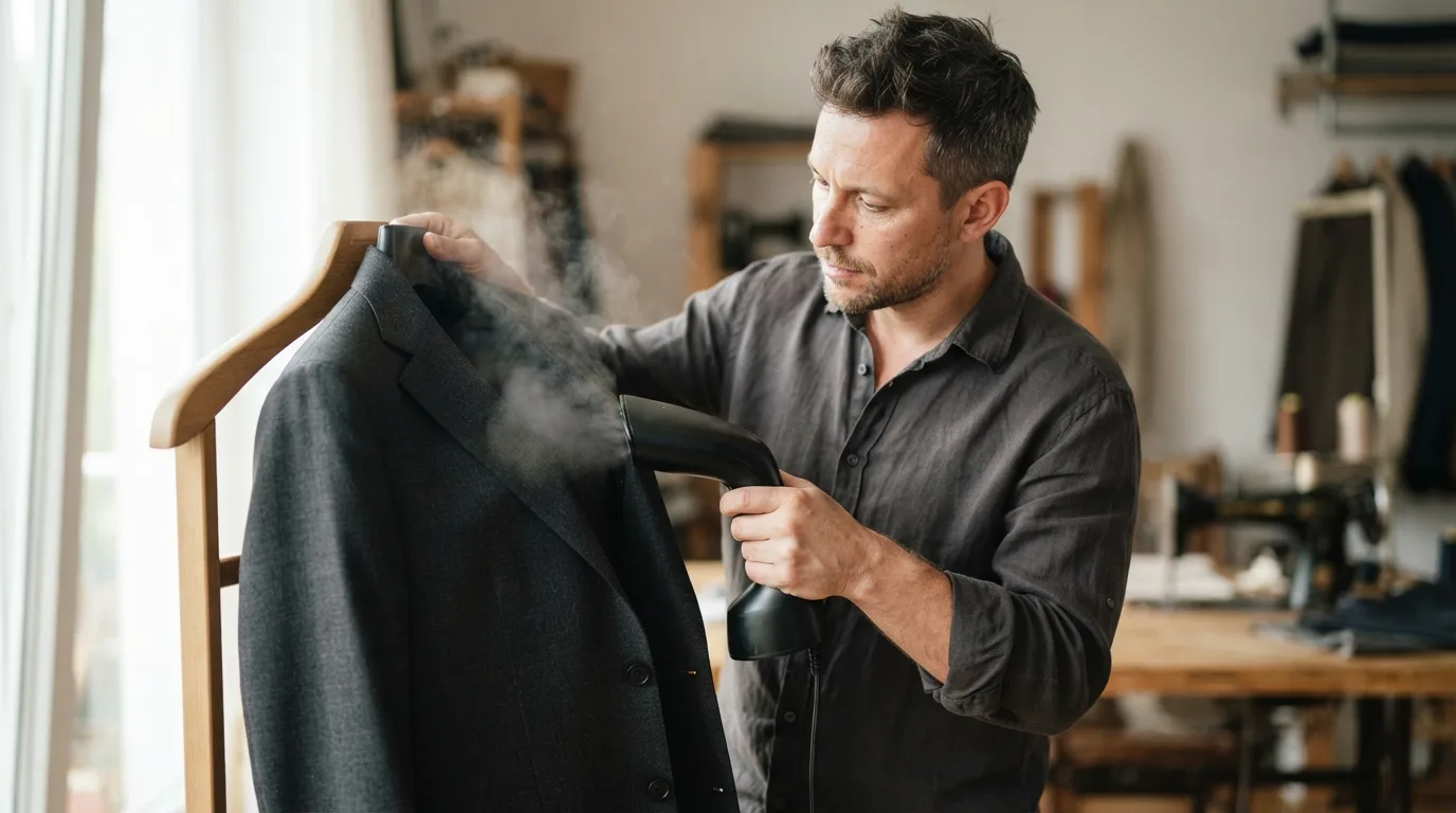 a person cleaning a suit with a brush or steamer