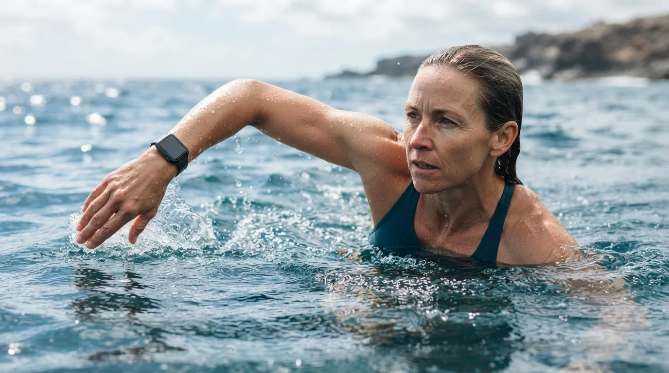 a person swimming while wearing a smartwatch on their wrist