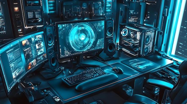 Blue and Black Gaming Setup with Multiple Monitors and Speakers