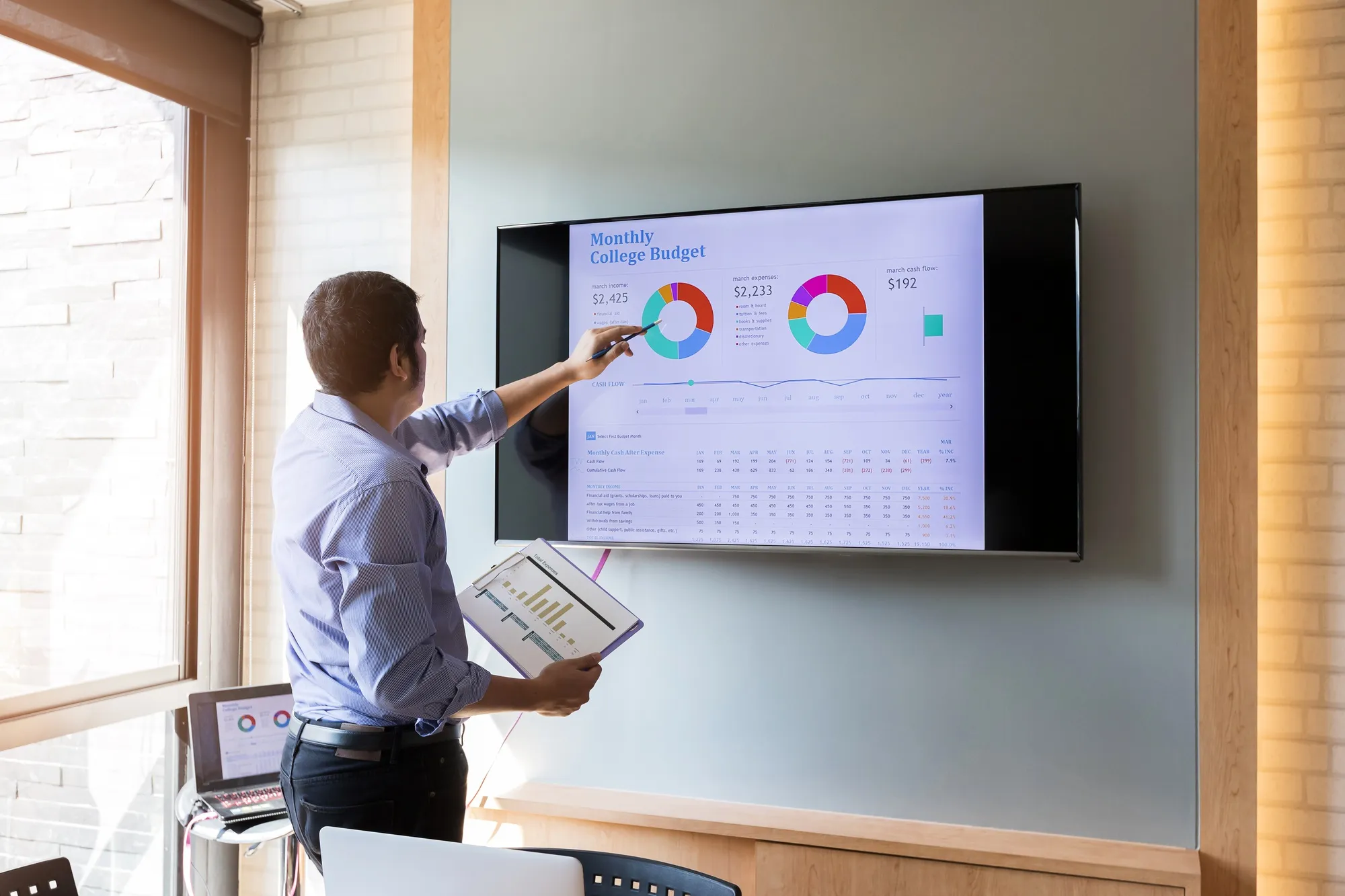 Businessman present the monthly college budget in front of TV