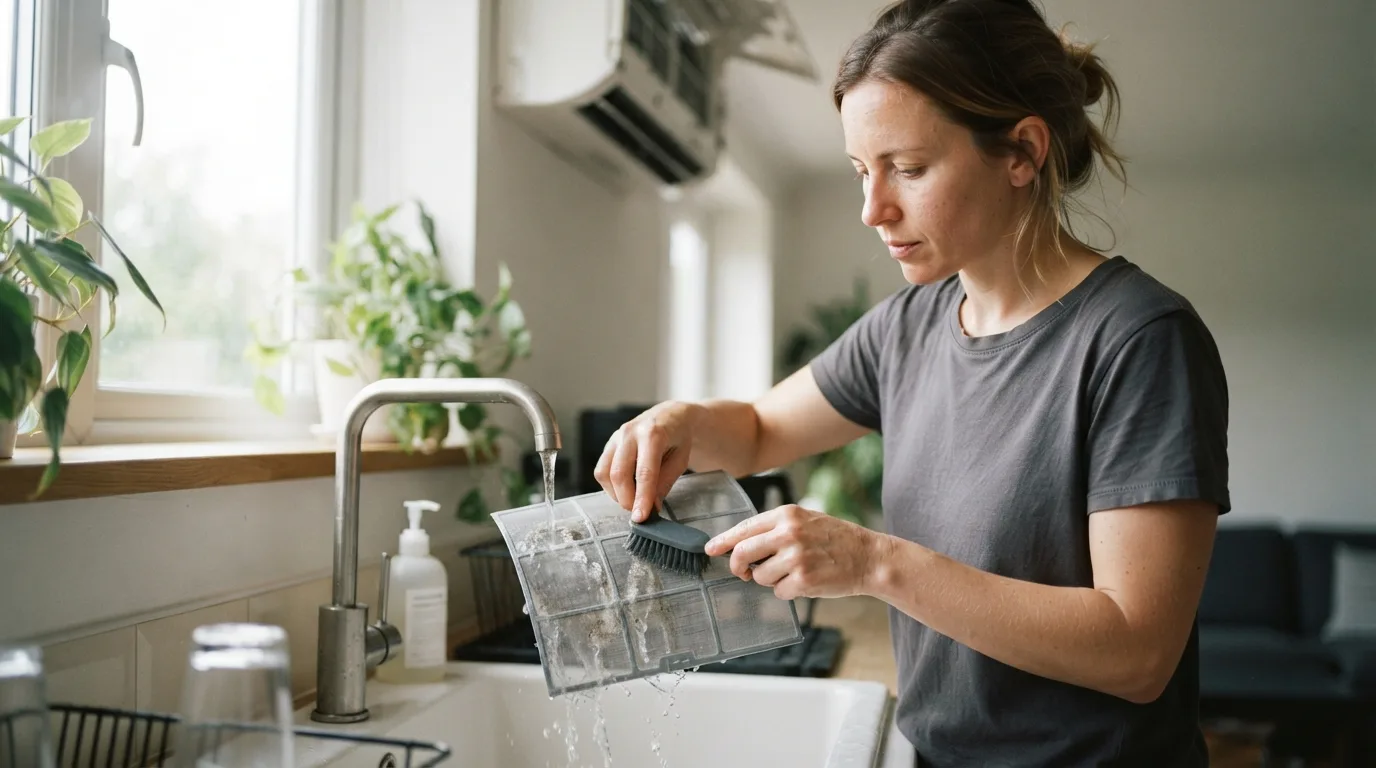 a person cleaning an air conditioner filter