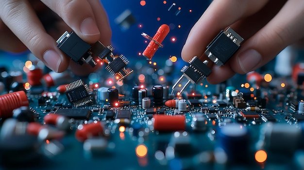 Closeup of hands separating circuit boards and batteries from old devices