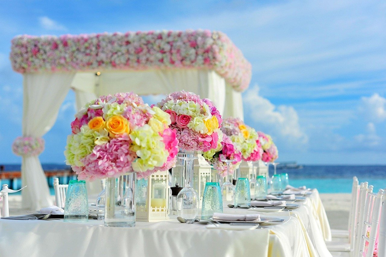 beach, flower wallpaper, wedding, reception, table setting, centerpieces, flower vases, event, beach wedding, wedding photography, wedding preparations, bunch of flowers, celebration, chairs, beautiful flowers, decorations, flowers, sea, summer, flower background, nature, table, table set-up, tropical, wedding setup, gazebo