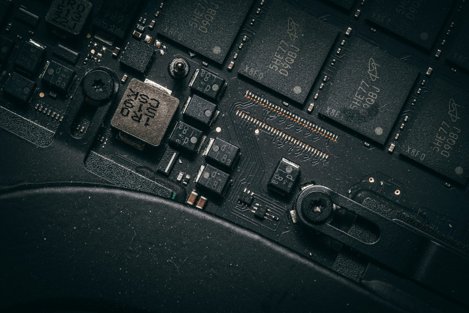 Close-up of a computer motherboard with many components.