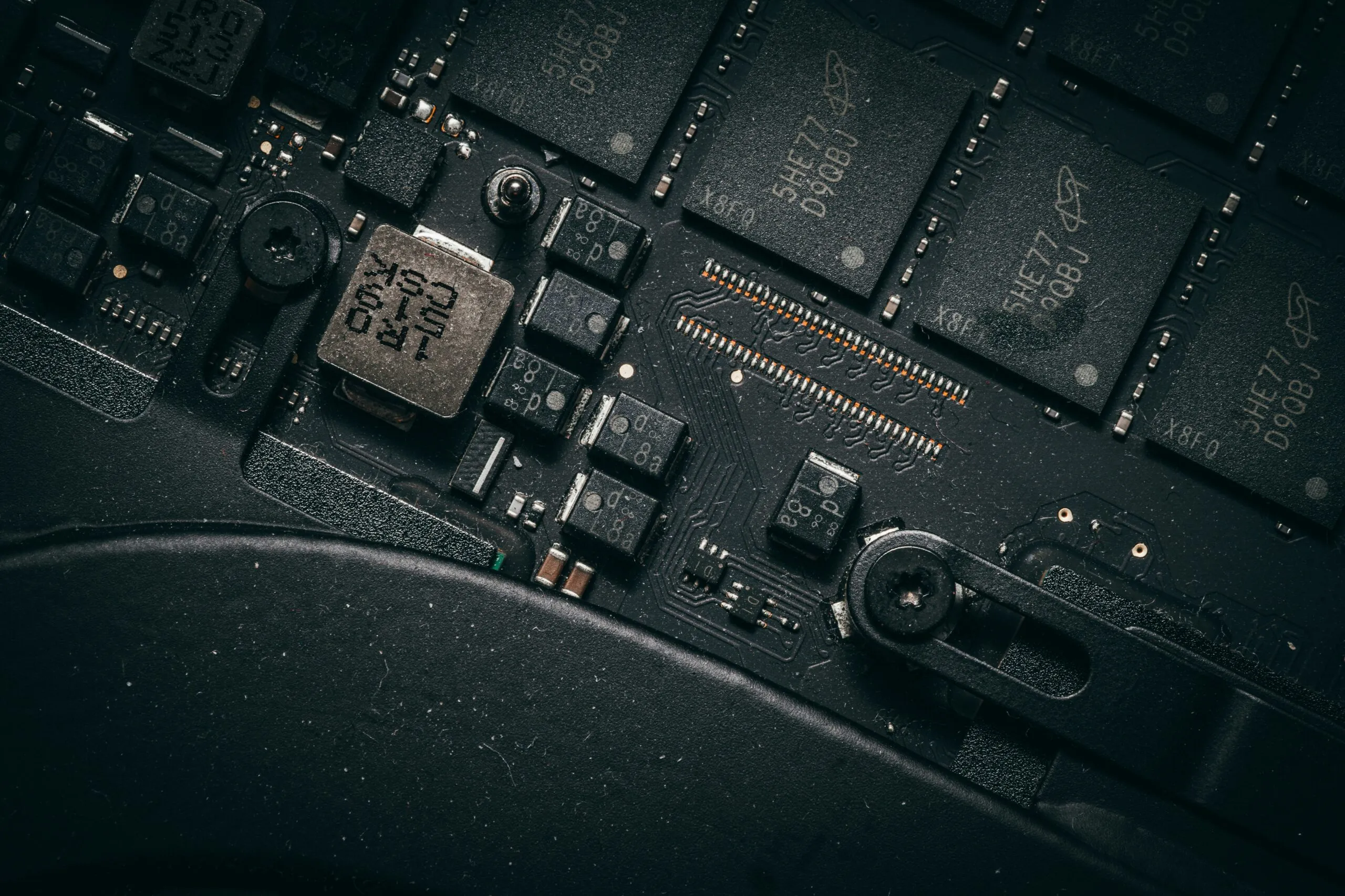 Close-up of a computer motherboard with many components.