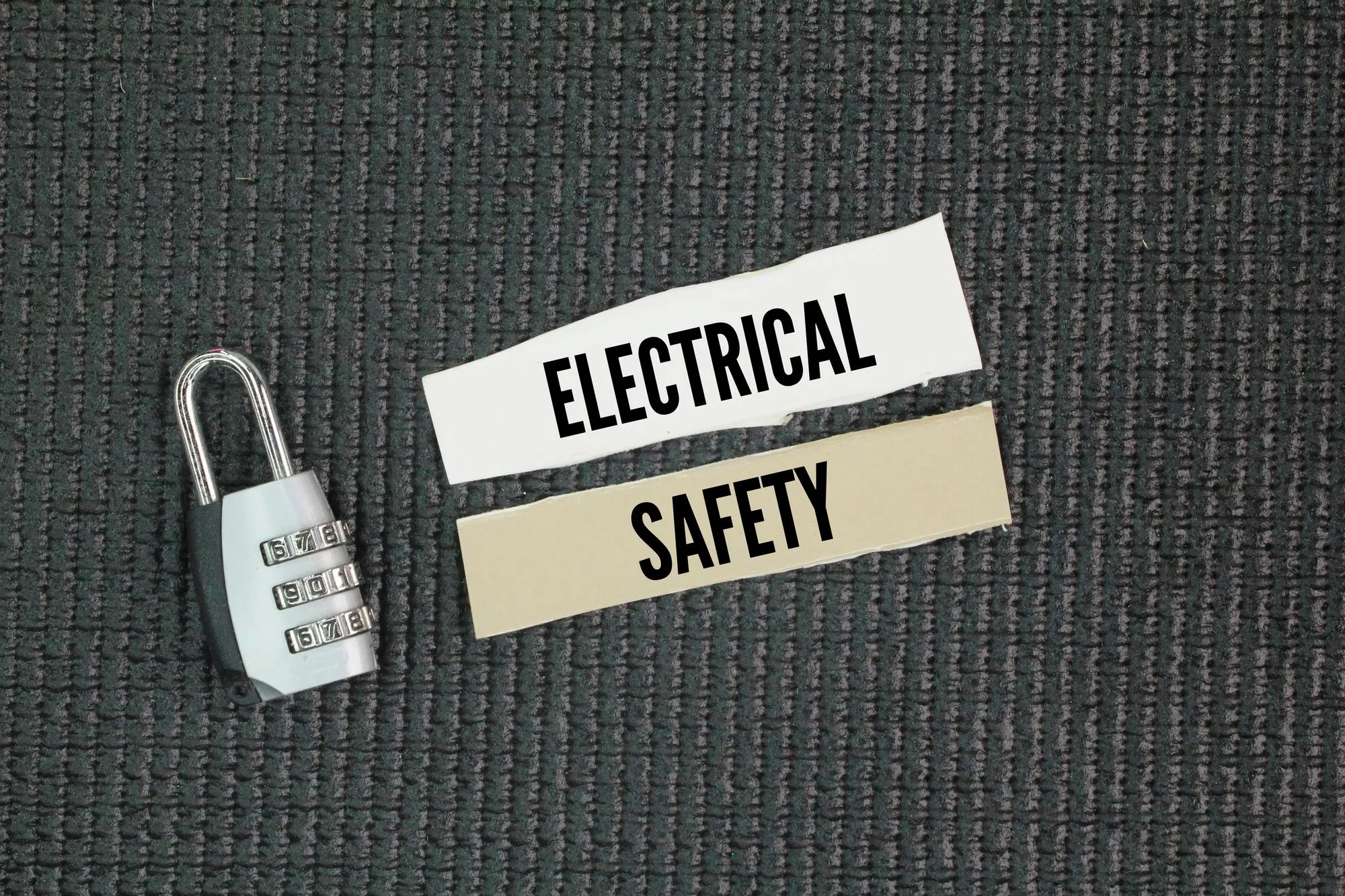 Lock and paper with the word Electrical safety the practices and measures taken to prevent injuries