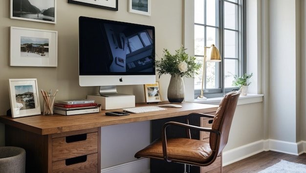 Modern home office with desk plant and cozy minimalist decor
