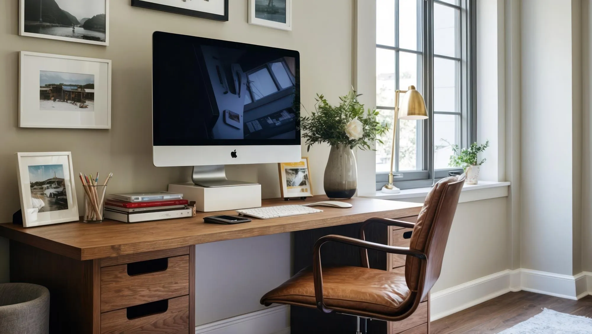 Modern home office with desk plant and cozy minimalist decor