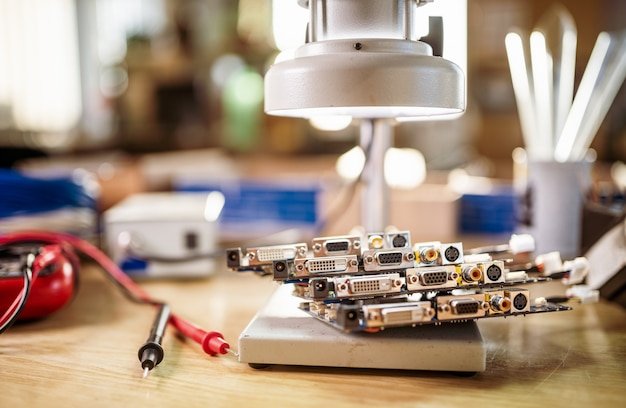 Modern microscope, electronic components in a scientific laboratory