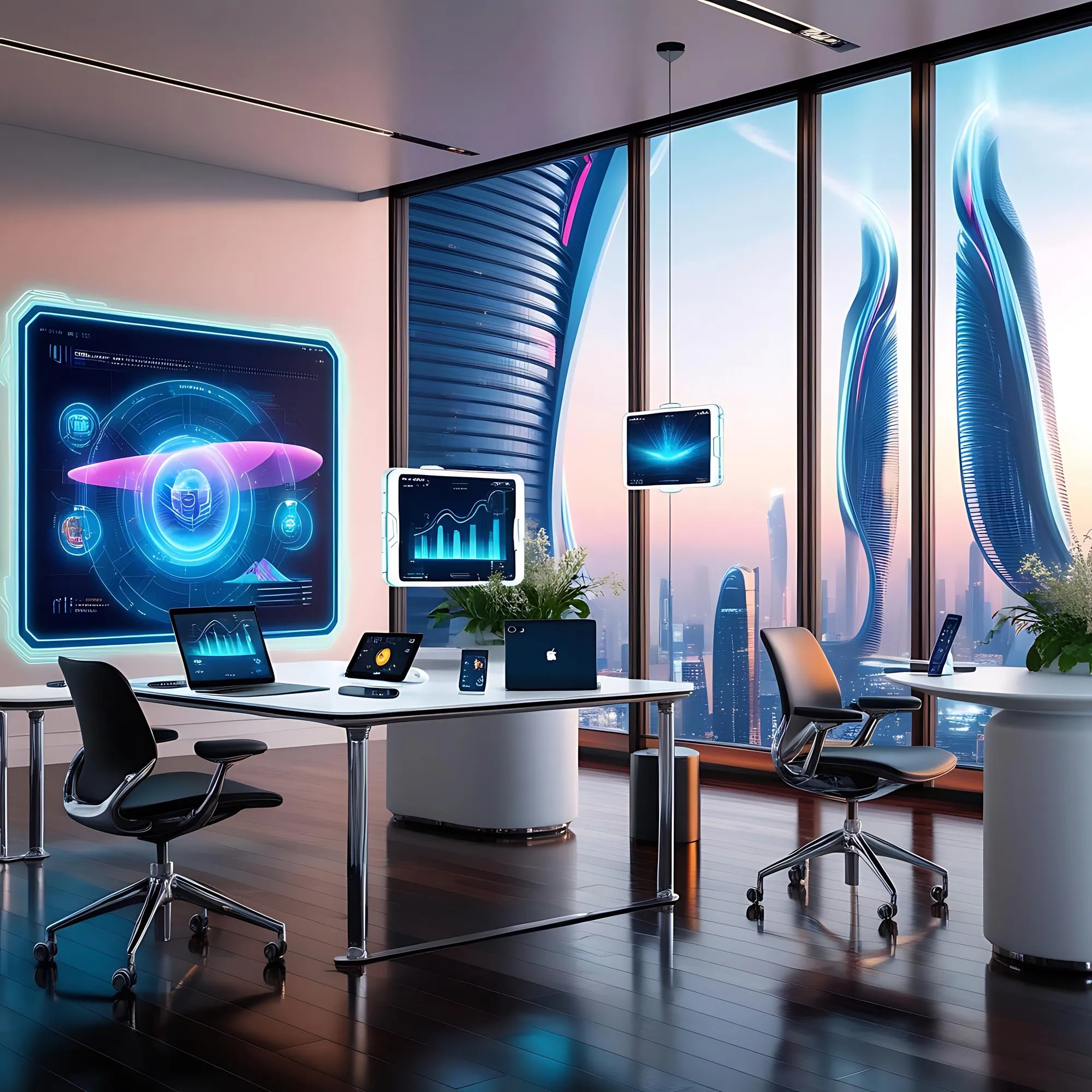 Modern Workspace with Futuristic AI Technology Holographic Displays and Smart Gadget in Sleek Office