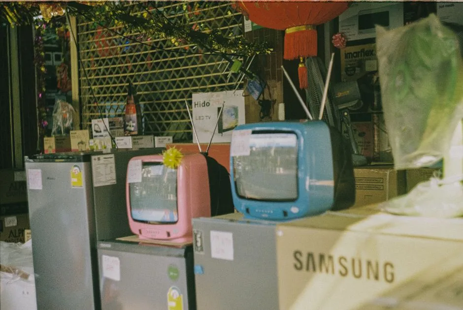A storefront display featuring vintage televisions and home appliances on a sunny day in Bangkok.