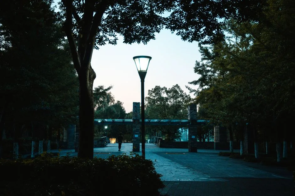 Peaceful park scene at twilight with a lit pathway and trees creating a tranquil ambiance.