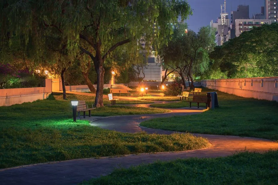 Peaceful urban park at night featuring a winding path and lamp-lit benches.
