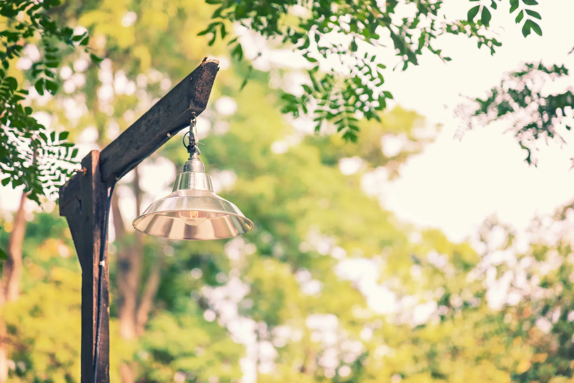 simple basic lamp on old rustic wooden lampost