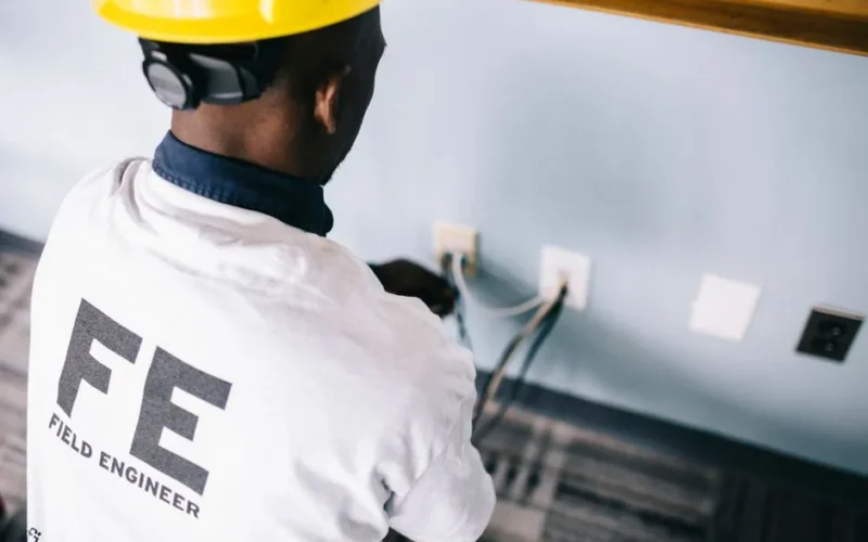 From above back view unrecognizable black field engineer wearing white shirt and protective hardhat sitting on floor and checking voltage in wall plugs