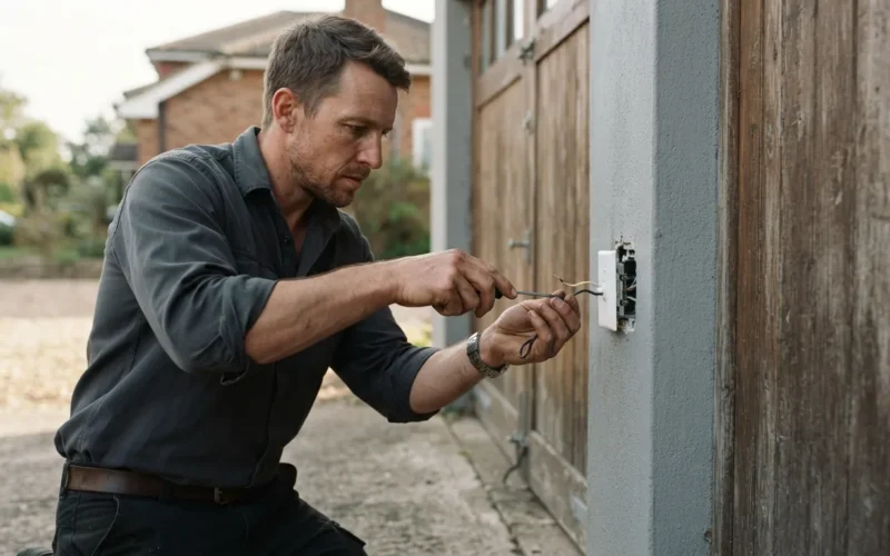 a person installing a wall-mounted switch near a garage door