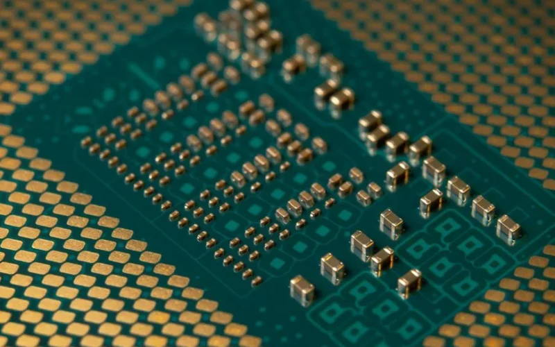 Detailed close-up of a microprocessor circuit board showcasing intricate circuitry and components.