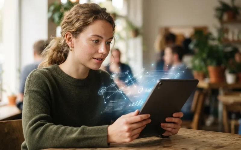 a person using a smartphone or tablet with a glowing AI or data icon overlay