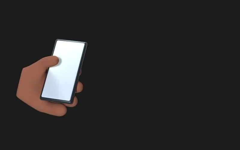 3D illustration of a hand holding a smartphone on a dark background.