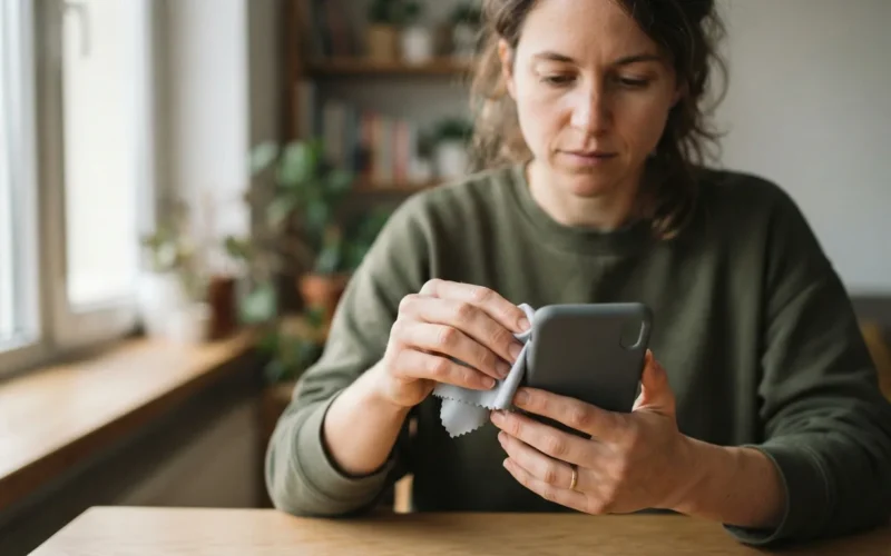 a person cleaning a phone case with a cloth