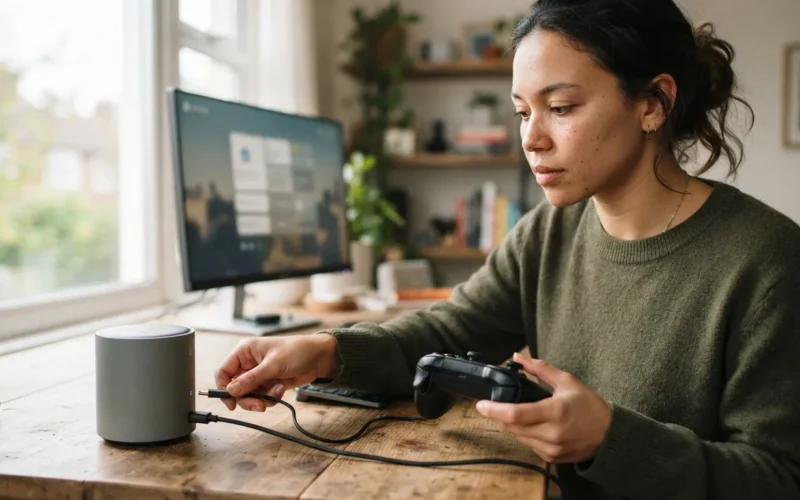 a person connecting a joystick to a smart home device