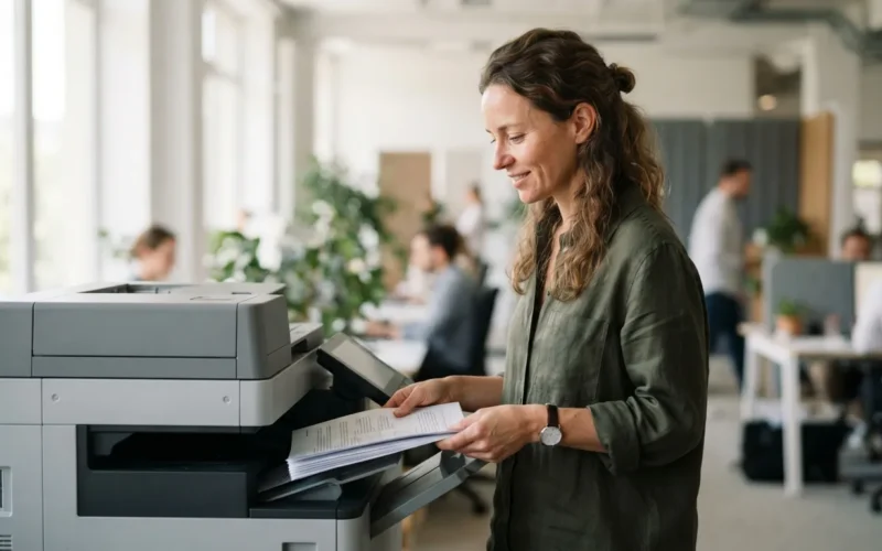 a person using a printer in a modern office