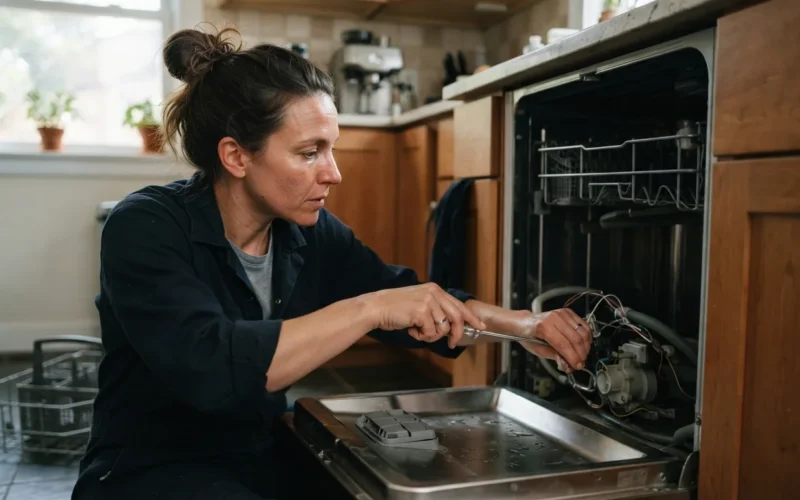 a person repairing the inside of a dishwasher