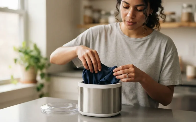 a person placing clothes into a small ultrasonic device