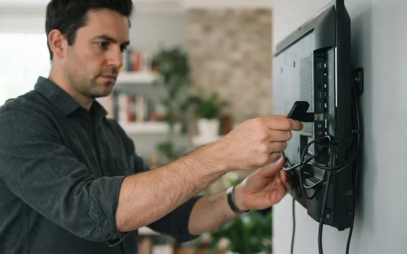 a person connecting a small device to the back of a television