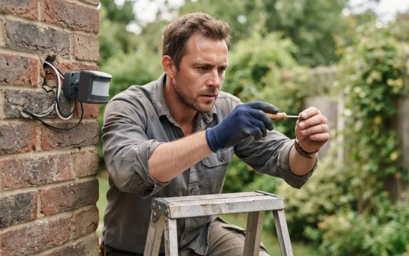 a person installing an outdoor light sensor on a wall