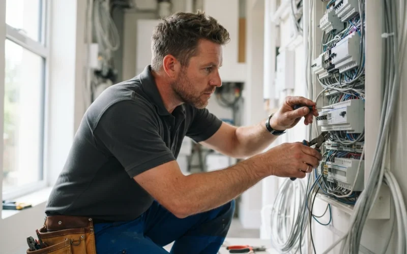 an electrician working on a smart home control panel