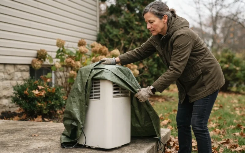 a person covering a portable air conditioner with a protective tarp outdoors