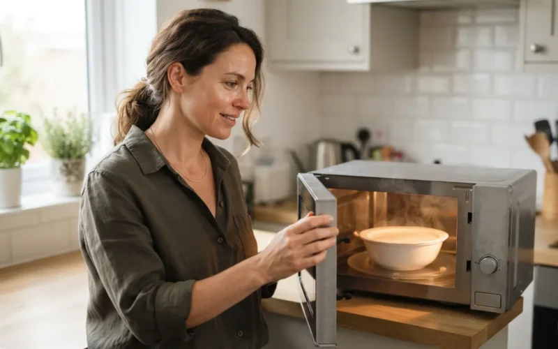 a person using a microwave oven in a kitchen