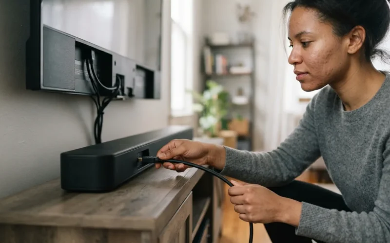 a person connecting an HDMI cable between a soundbar and a TV
