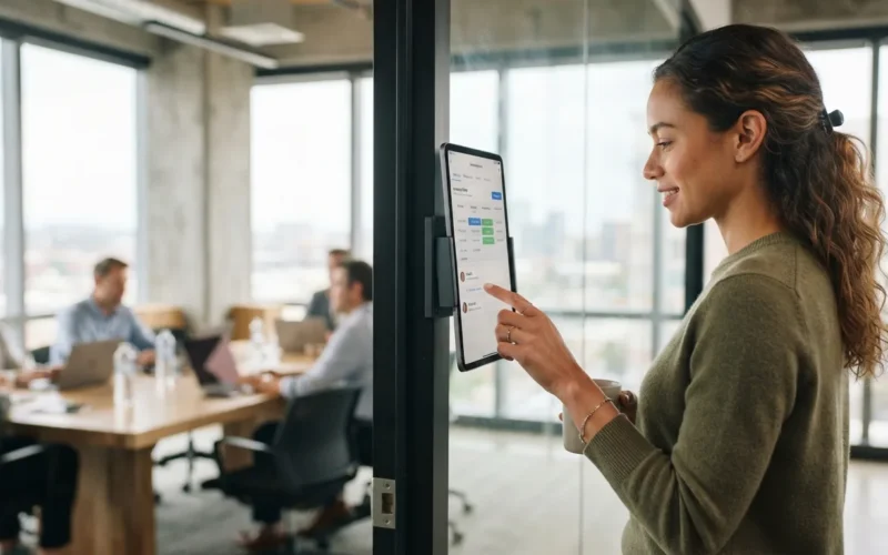 a person using a tablet to book a meeting room in a modern office
