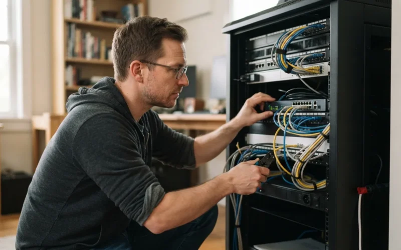 a person configuring network equipment in a home server cabinet